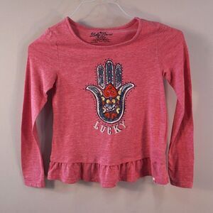 Lucky Brand Girls Top Sz M Pink Embroidered Hamsa Hand Long Sleeve Peplum Tee